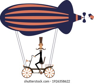 Funny mustache man on the airship illustration. 
Cartoon mustache man flies on the airship isolated on white illustration
