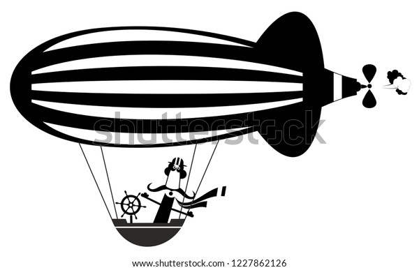 飛行船のイラストの上にいるおかしな口ひげの男 漫画の口ひげの男が白いイラストの黒い背景に飛行船の上を飛ぶ のベクター画像素材 ロイヤリティフリー