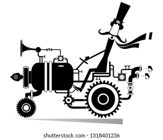 Funny mustache man rides on fantastical car illustration. Funny mustache man in the top hat rides uncommon car black on white
