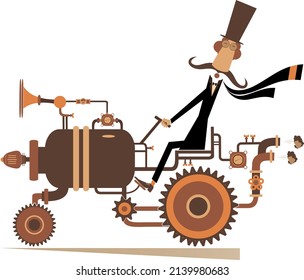Funny mustache man rides on old style car. 
Funny long mustache man in the top hat rides fantastical car. Isolated on white background
