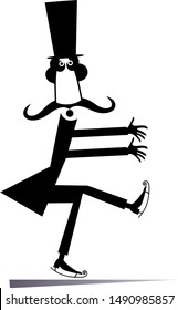 Funny mustache man a skater isolated illustration. Funny mustache skater man in the top hat black on white
