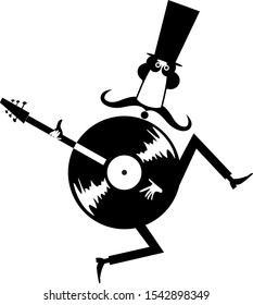 Funny mustache man in the top hat, guitar and vinyl record concept illustration. Cartoon long mustache man in the top, guitar and vinyl record black on white
