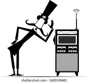 Funny mustache man in the top hat listens to the radio illustration. Funny mustache man in the top hat is listening to music or programs by vintage radio black on white
