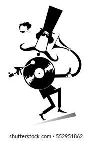 Funny mustached man in the top hat is listening music on the vintage record player