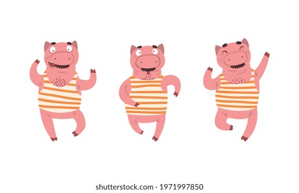 Funny Mustached Pig Wearing Striped Tank Top Posing Vector Set