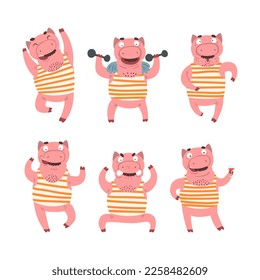 Funny Mustached Pig Wearing Striped Tank Top Posing Vector Set