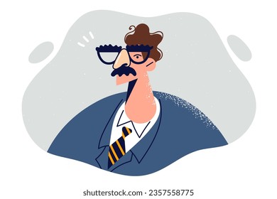 Funny mustachioed business man in glasses, dressed in formal suit and works as manager or supervisor in large corporation. Arrogant guy who has achieved success in career or own business