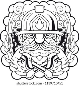 funny mustachioed firefighter, logo, design, cute illustration