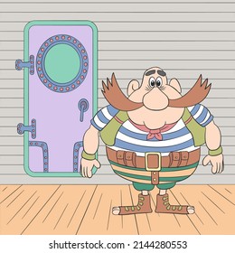 funny mustachioed sailor stands on the deck of the ship, cartoon, drawing