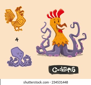 Funny Mutant Hybrid, Cock plus Octopus, vector