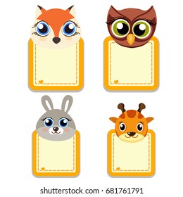 Funny muzzle of animals with frames for your text or photo. Cartoon style. Vector illustration