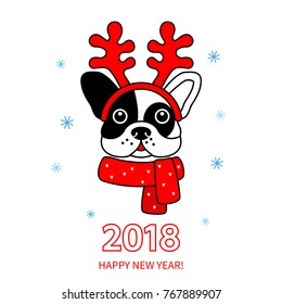 Funny muzzle of a bulldog wearing deer horns and a scarf. Greeting card with a new year 2018 - the year of the dog. linear vector illustration in a linear style isolated