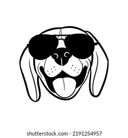 Funny muzzle of a dog with glasses. Jack Russell smiling pet. Sketch vector illustration on isolated background. Ideal for logo, print on paper and fabric