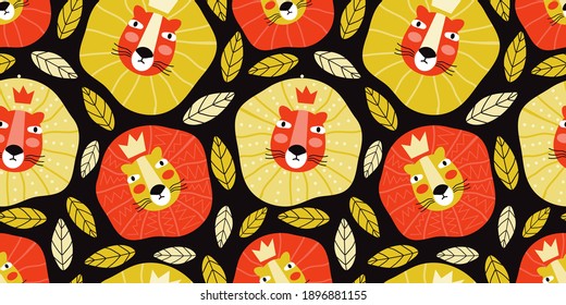 Funny muzzle of the lion king in a crown. Hand drawn wild cat in the jungle seamless pattern on black background. Cartoon character of baby animal. Texture design for children in a Scandinavian style
