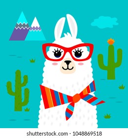 Funny muzzle llama alpaca Pattern for print on textile, T-shirt. vector illustration isolated in cartoon style