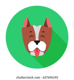 Funny muzzle of Staffordshire Terrier flat and theme on green circle background. Happy hound shows red tongue, short ears planted high. Vector illustration of dogs breed deduced in United States.