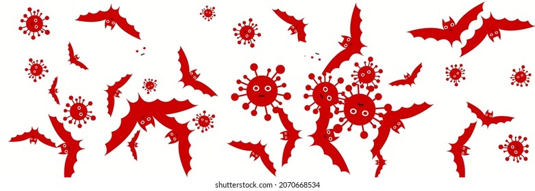 Funny Mysterious Corona Virus Creepy Backdrop. Scary Vampire Epidemic Fear Dracula Design Pic. Faces Spooky Cartoon Bloody Covid Bats. Party Gothic White Horror Red Halloween Illustration.