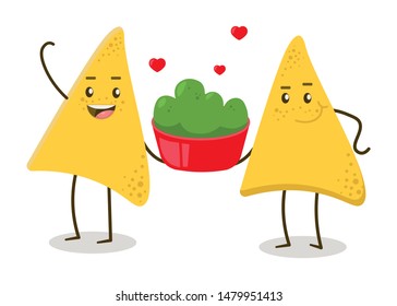 Funny Nachos character with guacamole dip. Cute mexican food vector cartoon illustration isolated on white background. Best friends concept design.