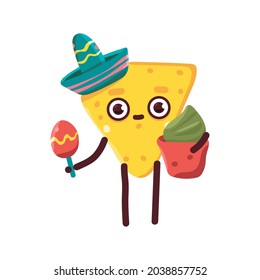 Funny nachos with guacamole in sombrero vector cartoon mexican food character isolated on a white background.