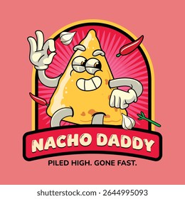 Engraçado Nachos mexicano comida personagens de desenhos animados em retro 70s ilustração