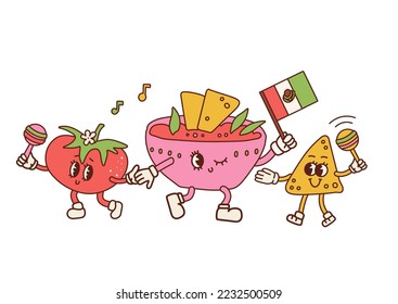 Funny Nachos with tomato and salsa sauce characters. Retro cartoon mexican food party. Nacho chips with maracas in hands, sauce bowl with Mexican flag. Vector contour hand drawn illustration.