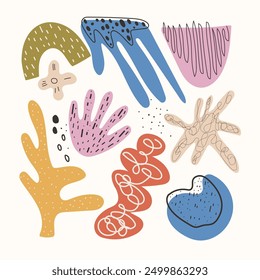 Funny naive figures in retro style. Pack of vector elements of different colors