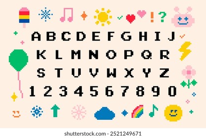 Funny naive pexeled design elements. Childish font set in pixel art. Pixel alphabet letter, number, bitmap icons. Mood of 90's aesthetics. 8-bit retro style vector shapes for kids design, game, poster