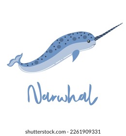 Funny narwhal cartoon. Marine dweller. Concept of sea and ocean life. Vector illustration