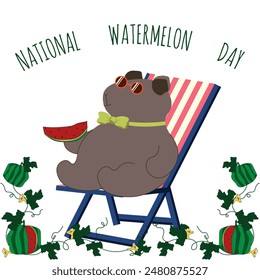 Funny National Watermelon Day art. Summer Groovy style concept isolated white background. Flat Watermelon and Capybara. Simple vector illustration can used t-shirt print, poster, banner, design.