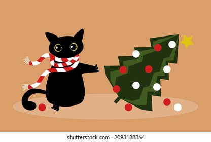 A funny naughty black cat dropped a Christmas tree with balls and looks in surprise. Festive new year card with animal. Vector.