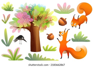 Funny naughty squirrels collection, clip art with a big tree bushes and grass. Nature and squirrels elements isolated clipart. Happy hilarious kids animals cartoon. Vector graphics for children.