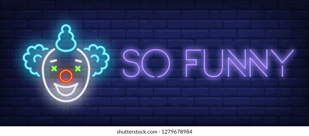 So funny neon text with bright clown head. Circus performance advertisement design. Night bright neon sign, colorful billboard, light banner. Vector illustration in neon style.