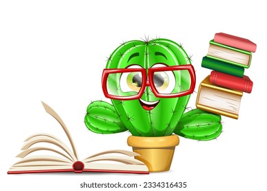 Funny nerd cactus character with red eyeglasses and books. Knowledge, education concept