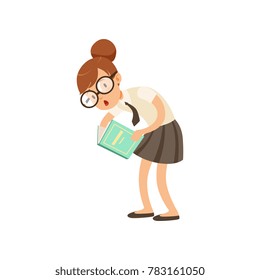 Funny nerd girl interested in reading book. Cartoon schooler in glasses, skirt and blouse with tie. Smart kid character in library. Flat vector design