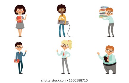 Funny Nerds and Geeks Cartoon Characters Collection, Smart Students in Glasses with Books Vector Illustration on White Background