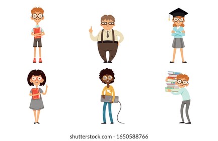 Funny Nerds and Geeks Cartoon Characters Collection, Smart Male and Female Students in Glasses with Books Vector Illustration on White Background