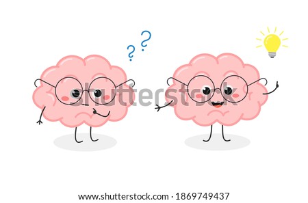 Funny nerdy brain character in glasses finding a solution concept with question mark and lightbulb idea symbol. Vector flat illustration isolated on white background 
