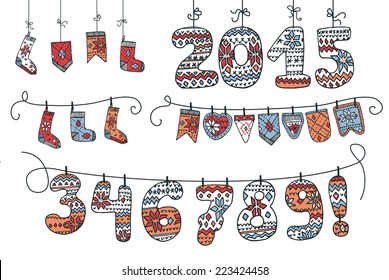 Funny New year 2015 Vector.Christmas cute garland of knitted figures,flags,socks,stockings .In doodles hand draw style.Design template,card,invitation,advertising,banner,calendar.
