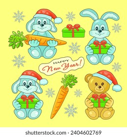 Funny New Year bunnies and cubs in a red hat with gifts with the inscription "Happy New YEAR" on a square yellow background. A set of bunnies and bear