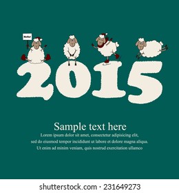 Funny new year card with cute cartoon sheep, lamb and 2015 snow figures
