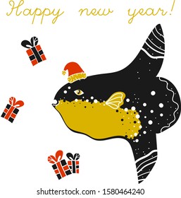 Funny New year card with moon fish, presents and Santa hat.  Isolated. Cartoon style. Lines and points decor. Congratulatory text.  White background. Underwater world. Diving holidays. Mola-mola.