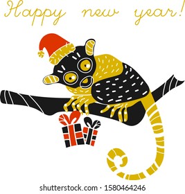 Funny New year card with tarsier, presents and Santa hat.  Cartoon style. Lines, points decor. Congratulatory text.  White background. Underwater world. Diving holidays.  Isolated on white background.