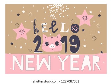 Funny New Year card/banner/poster with piglet for kids. Vector illustration.