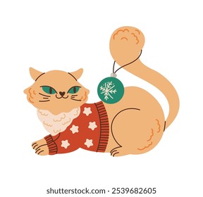 Funny New Year cat with holiday bauble on tail flat color vector character. Playful animal in holiday sweater illustration on white background