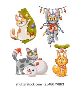 Funny new year cats cartoon characters with good and bad behavior vector illustration isolated set