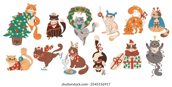 Funny new year cats naughty behavior flat color vector characters set. Christmas holidays with pets illustrations bundle on white background