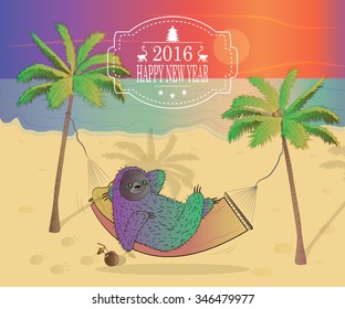 funny New Year and Christmas illustration with sloth on tropical island. cartoon character. Vector.