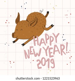 Funny New Year illustration. Holiday cartoon vector pig. 