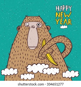 Funny New Year illustration with monkey and banana