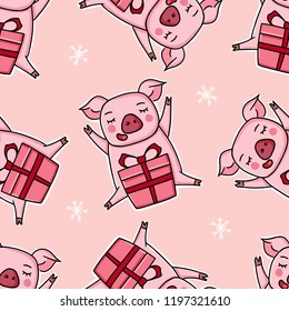 Funny new year pattern with piggy on pink background. Seamless pigs with snowflakes in doodle style.